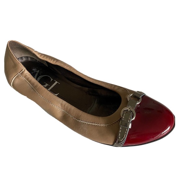 AGL Attilio Giusti Leombruni Ballet Flat Red Cap Toe Beige Leather Class… - Picture 1 of 10